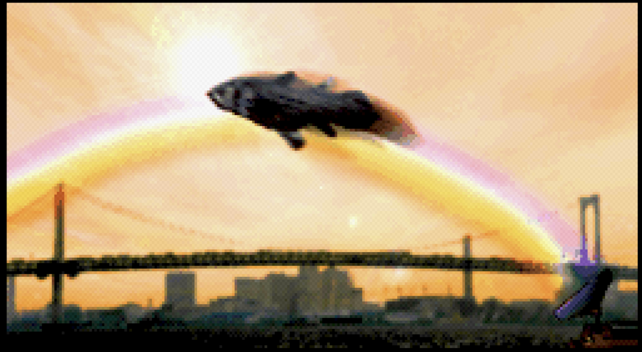 Tottoteruri jumping in front of rainbow and bridge